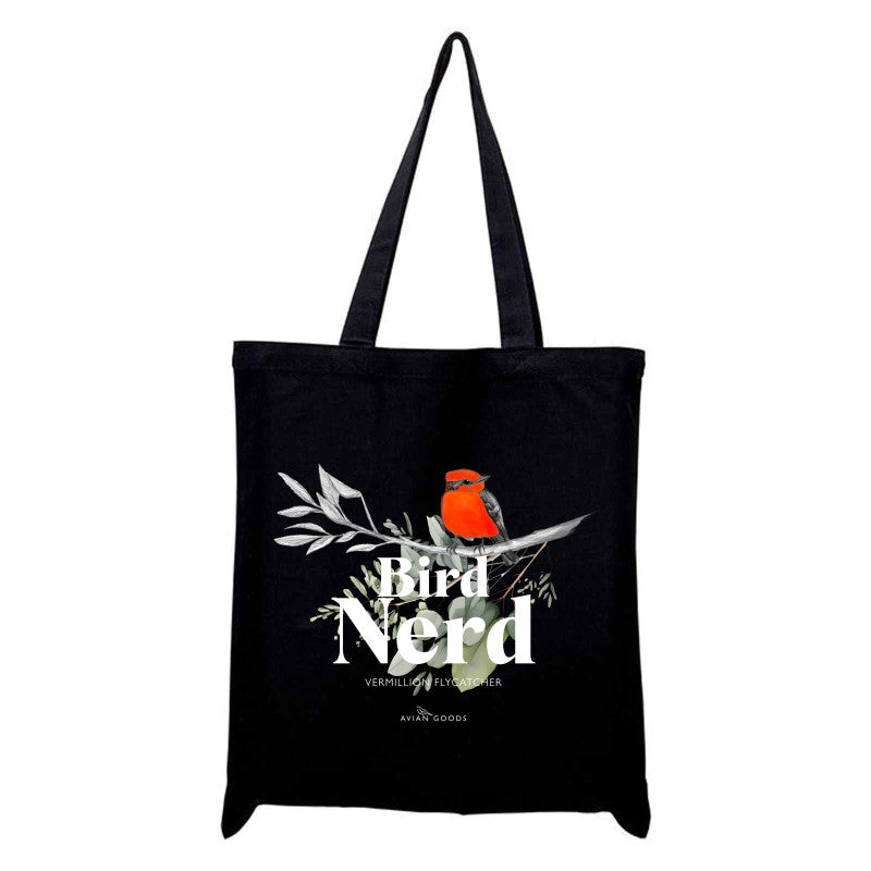 image of black tote with vermilion flycatcher illustration and phrase bird nerd